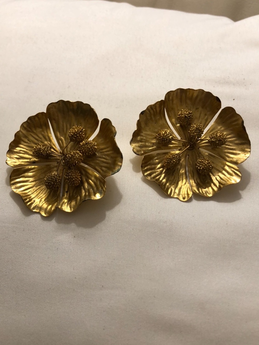 Vintage gold-tone textured flower statement earrings